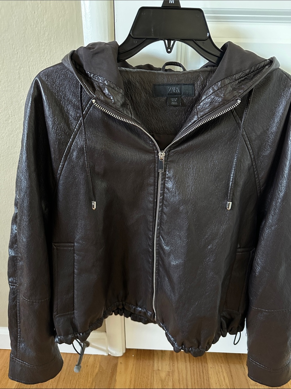 Zara Oversized Dark Chocolate Faux Leather Hooded Zip-Up Jacket